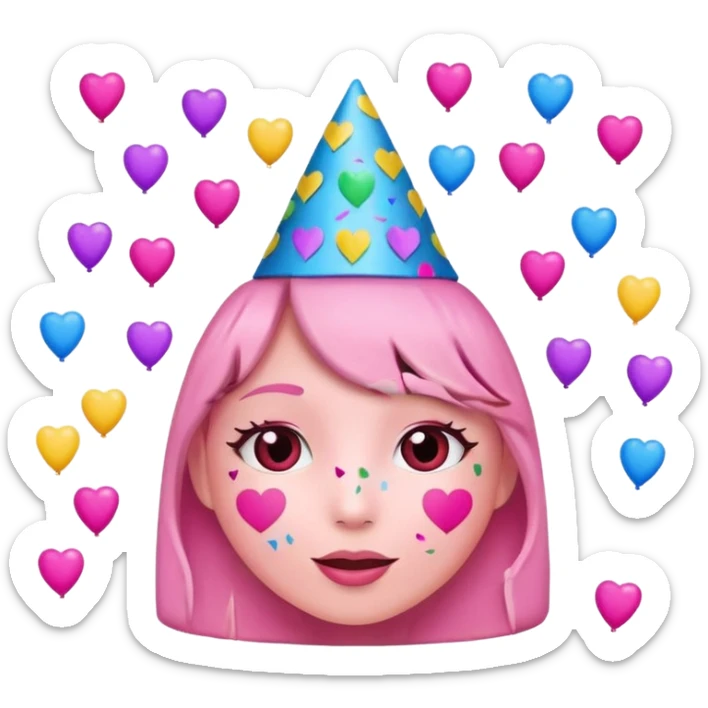i want a  A festive heart face wearing a party hat and surrounded by confetti. sticker