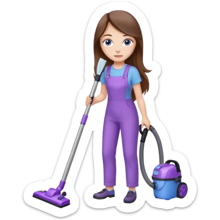 beautiful girl with long brown hair, blue eyes and wearing light purple clothes, cleaning and vacuuming sticker