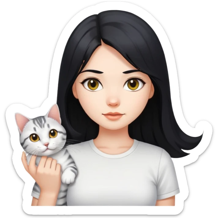 Long black hair beautiful girl wearing a white short-sleeved shirt tightly holding an American shorthair sticker