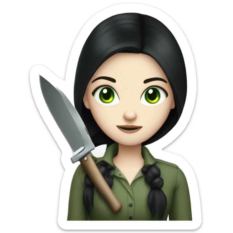 Long black hair girl pale skin green eyes with knife sticker