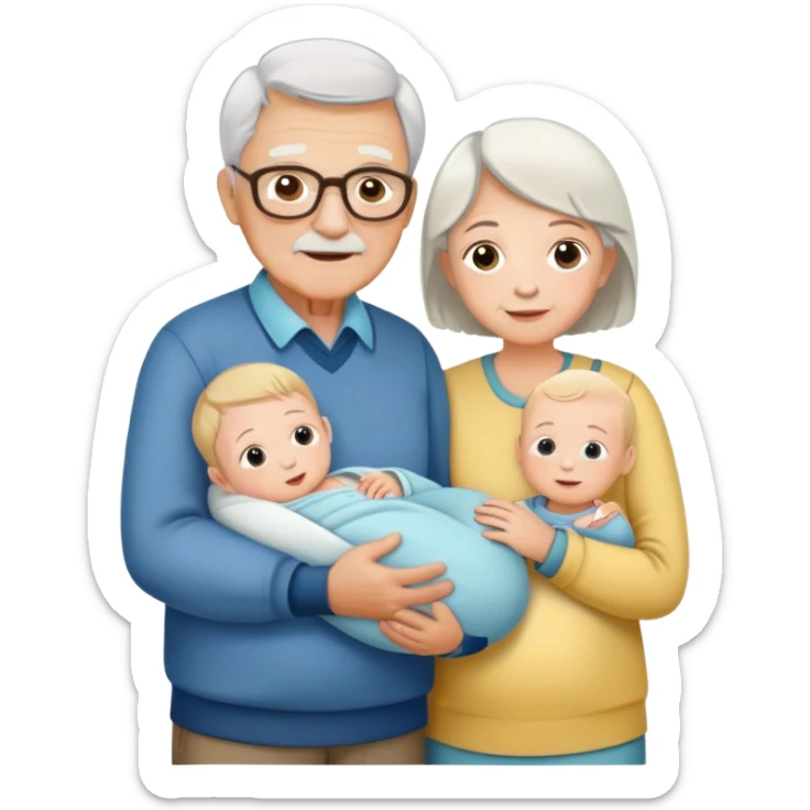 Grandparents holding a newborn with a 8 year old boy and a 5 year old girl standing next to them sticker