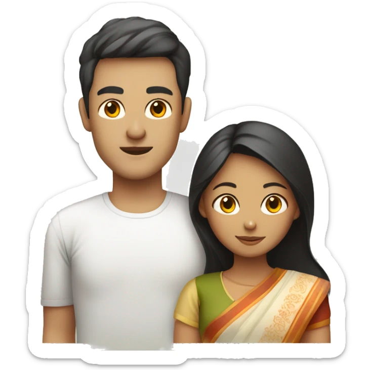 Fair skinned Vietnamese man with white t shirt and Bengali girl wearing saree sticker