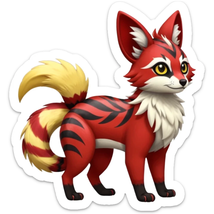 Futuristic sanguine-red banana-yellow black chevron-marked furry fluffy floofy feathery tribal marked Genet-Absol-Kyurem-Zeraora-Primagen-fusion-creature  sticker
