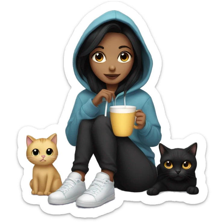 Pretty girl with black hair in a hoodie and sweatpants drinking hot chocolate sitting next to a black cat sticker