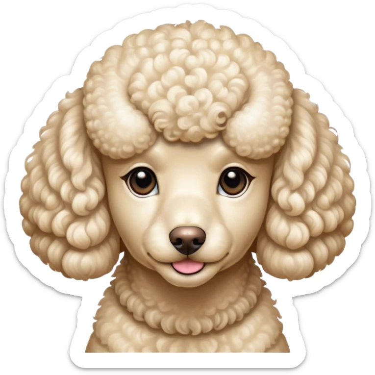 Cinematic Noble Cream Poodle Portrait Emoji, Poised and regal, with a refined, elegant build and a meticulously groomed, curly cream Fur, deep-set soulful warm eyes, Simplified yet sharp and sophisticated features, highly detailed, glowing with a soft, dignified glow, high shine, intelligent and graceful, stylized with an air of sophistication, focused and attentive, soft glowing outline, capturing the essence of a watchful and confident companion, so majestic it feels as though it could prance out of the screen with effortless authority! sticker