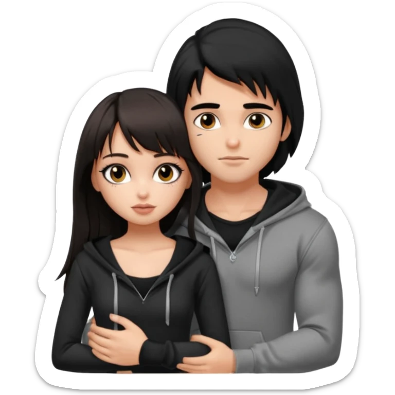 generate a pretty bratz girl in black cami top, dark brown straight long hair with bangs, eyeliner on, 

hugging a handsome muscular boy with black hair and a grey hoodie sticker