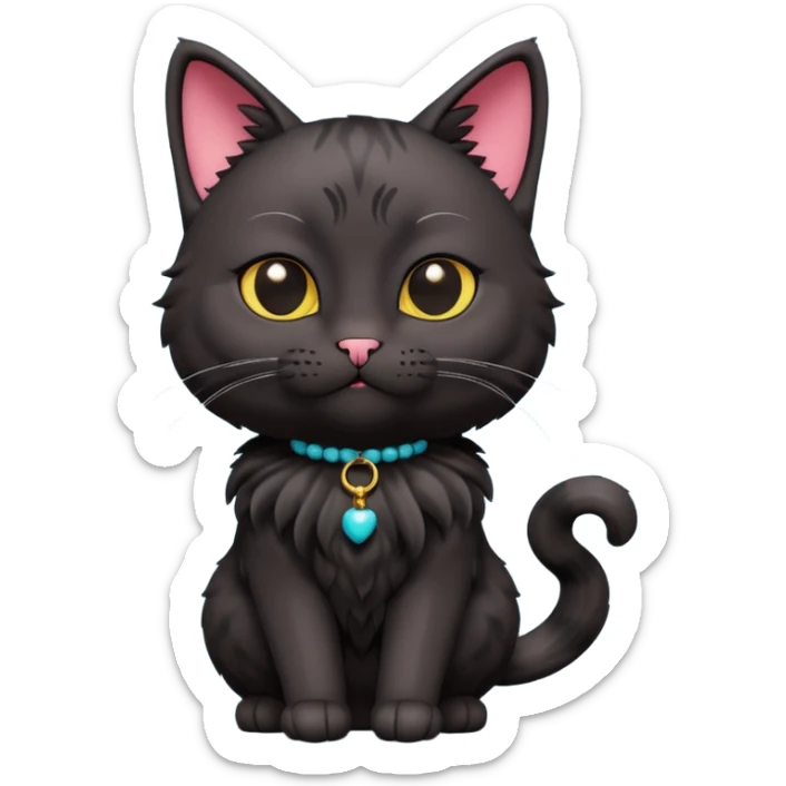 A 3D cartoon black Oriental hair cat with bulky body,Nice  heavy fur, dark cinematic background, Memoji-style. full body or half body. sticker