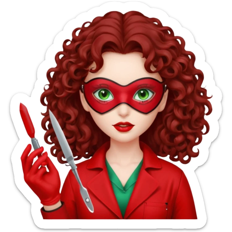 Lilith sexy evil woman. She has green eyes.  had brown long curly hair.  evil surgeon kills with scalpel wears red sexy doctor coat with red long mouth cover red gloves.  sticker