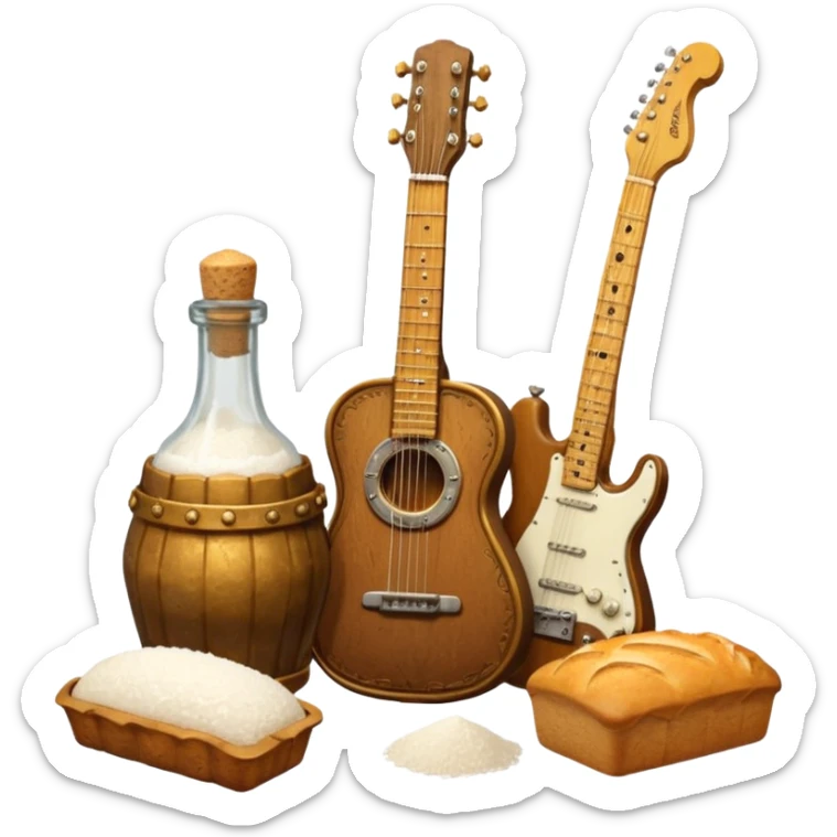 steampunk victorian - a bottle of salt (salt shaker) and a loaf of peasant bread with a small electric telecaster guitar - still life composition sticker