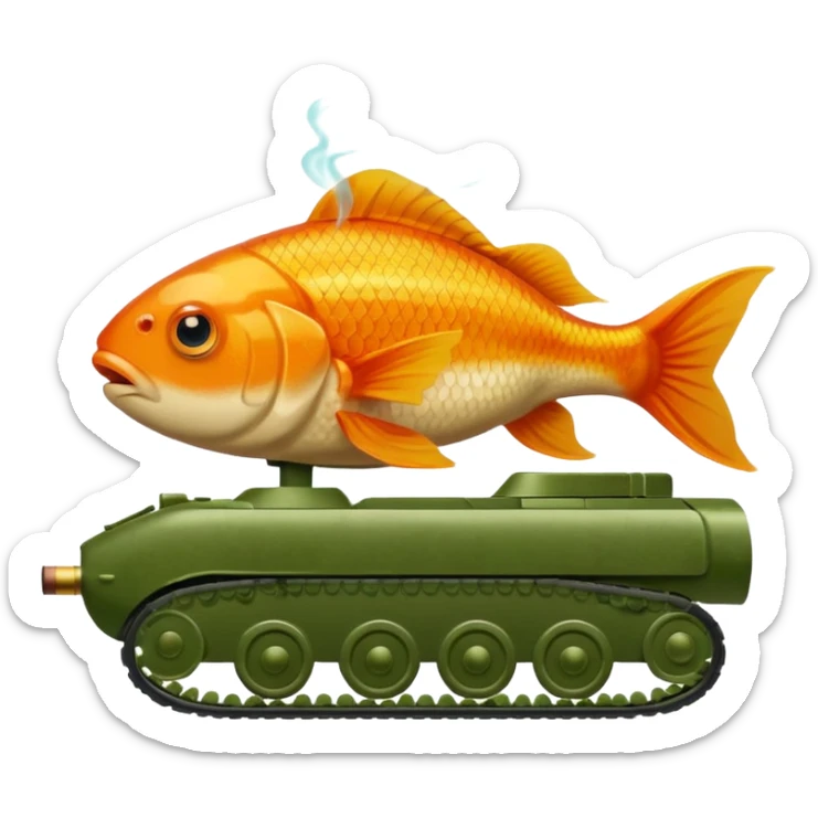 goldfish as tank commander in a green army tank, with a cigar, iOS emoji style sticker