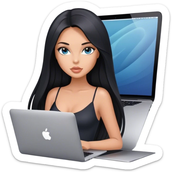Glamours tanned very beautiful girl with pump peach nude lips and black straight smooth long hair, blue-grey eyes in black bodysuit with MacBook sticker