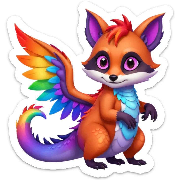 black female raccoon dragon hybrid with rainbow colored wings and purple eyes giving a hug to a red female fox dragon hybrid with rainbow colored wings and orange eyes sticker