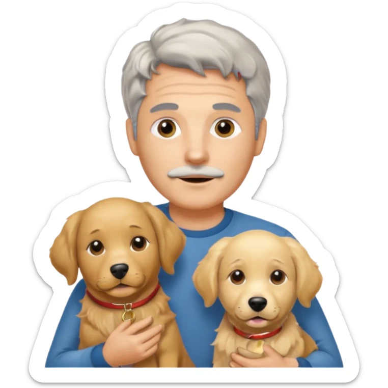 Italian man with no moustache with salt and pepper hair holding a golden retriever and a labrador dog sticker