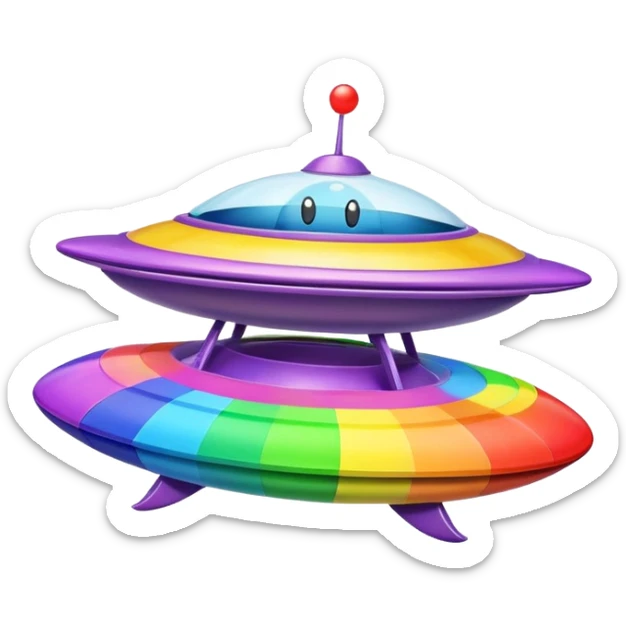 A colorful rainbow crayon character riding on top of a flying saucer UFO in space sticker