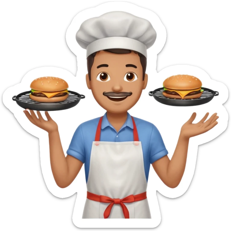 A cheerful man in an apron flipping burgers on a sizzling grill with smoke puffing upward. sticker