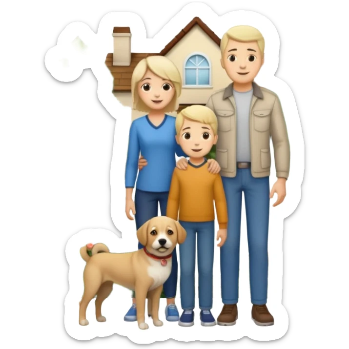 1 Father 1 Mother and 1 young boy who is half as tall as the parents, standing in front of their house with a dog next to them. Everyone should look VERY happy. There MUST be a house behind them with trees and plants sticker