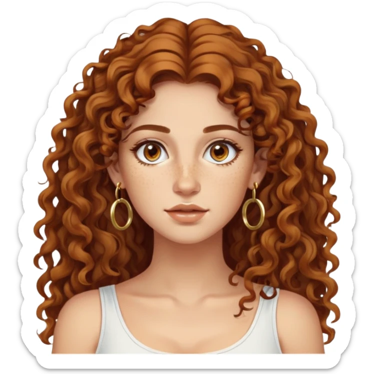 Attractive Greek woman with wide face, freckles, long curly amber-brown hair and gold hoop earrings sticker