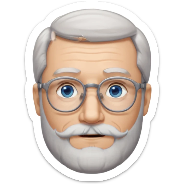 Create me an emoji of an old man. Gray really short size hair. Gray follow-up full beard. Squarer Glasses. Blue eyes. Little smile sticker