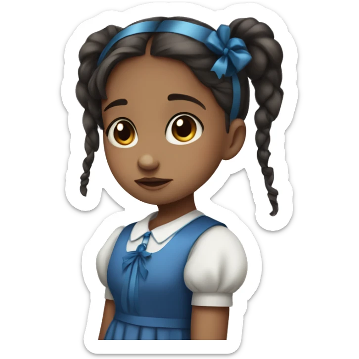 little girl with dark pigtails, blue ribbons, blue dress, big sad brown eyes sticker