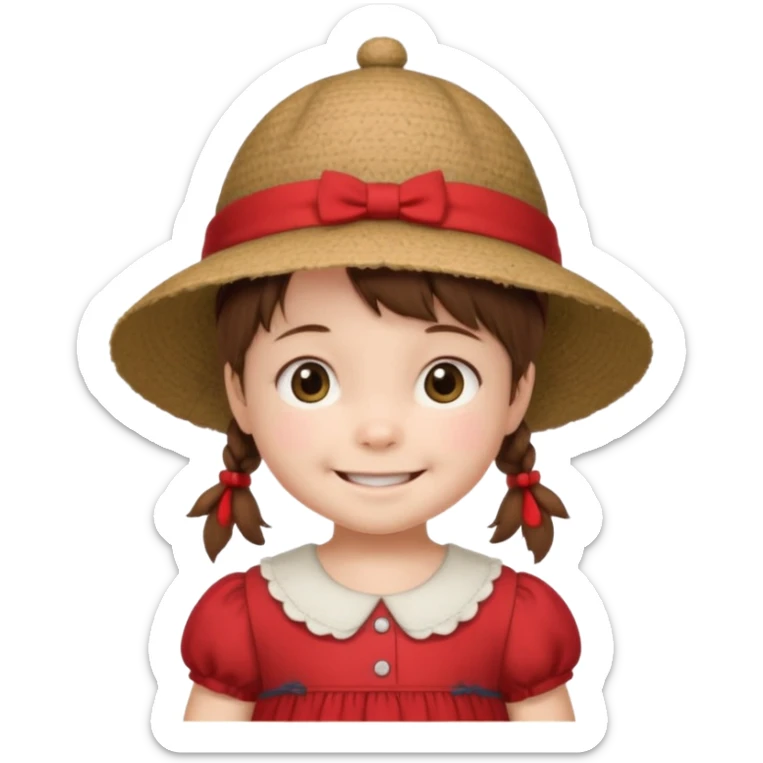 baby girl with brown hair and pigtails with a hat and red dress like My Neighbor Totoro movie sticker