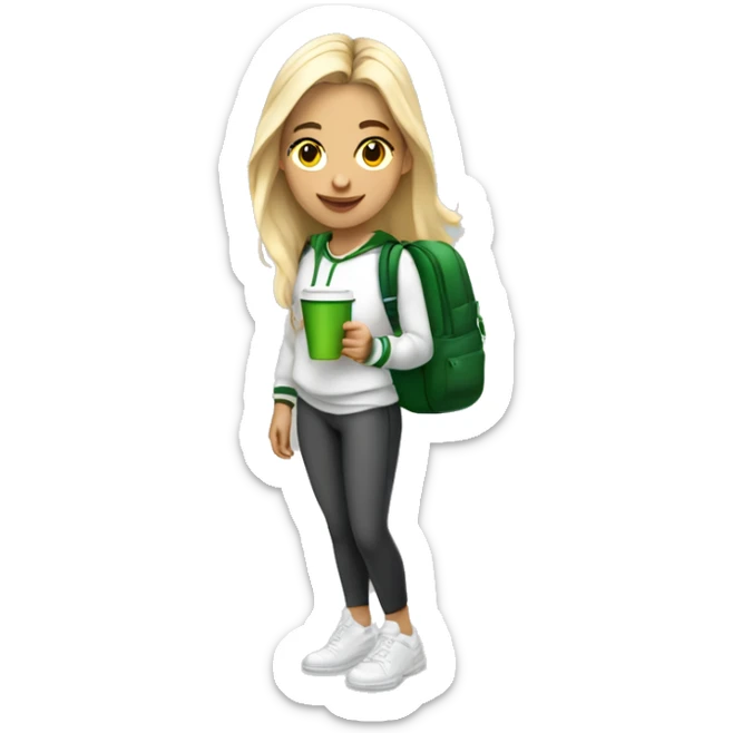 21 year old white blonde trendy athleisure girl with white sweatshirt with a school bag, headphones holding a green coffee sticker
