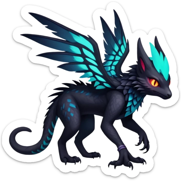 Black Dark Exotic Tropical Beaked Feathery Nocturnal Neon-glowing Abyssal Nightly Abyss-Cat-Gryphon-Noivern-Salandit-Silvally-Fakémon Creature (full body) sticker