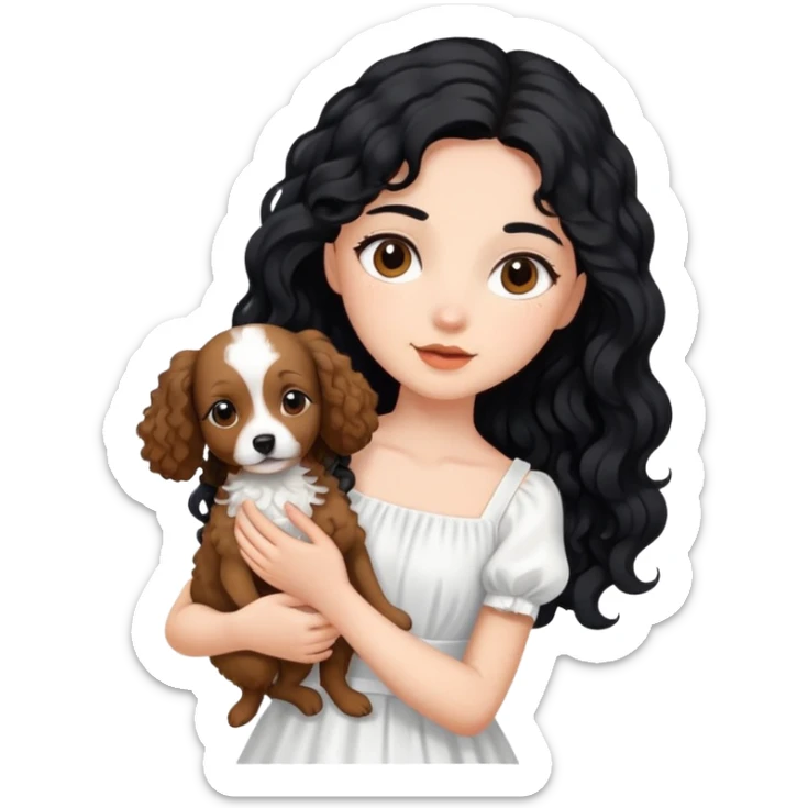 A beautiful girl with long black hair in a white dress holds a small brown curly-haired dog sticker