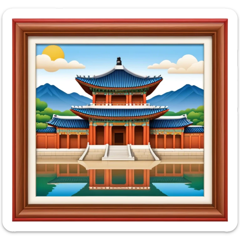 Cinematic Realistic Gyeongbokgung Palace Landmark Emoji, rendered with traditional Korean architecture, ornate wooden carvings, and vibrant colors, set against the backdrop of modern Seoul with soft evening light. sticker