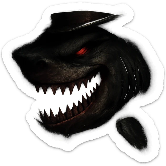 Make the shark look dangerous and menacing, inspired by the Antichrist—give it a sinister expression, sharp teeth, and a dark, ominous aura, but keep the top hat. No background. sticker