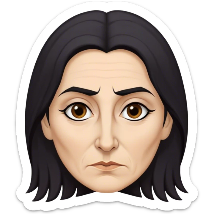 Mirri Maz Duur is a weathered, age 50 woman with deep-set dark eyes, high cheekbones, and a sharp nose, giving her a stern, knowing expression. Her long, unkempt dark hair  falls loosely over her shoulders sticker