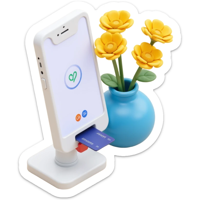 a skeuomorphism style icon featuring a white modern payment terminal with a large screen displaying a loading animation, a card inserted, next to a blue vase with yellow flowers, soft lighting, similar composition to the reference sticker