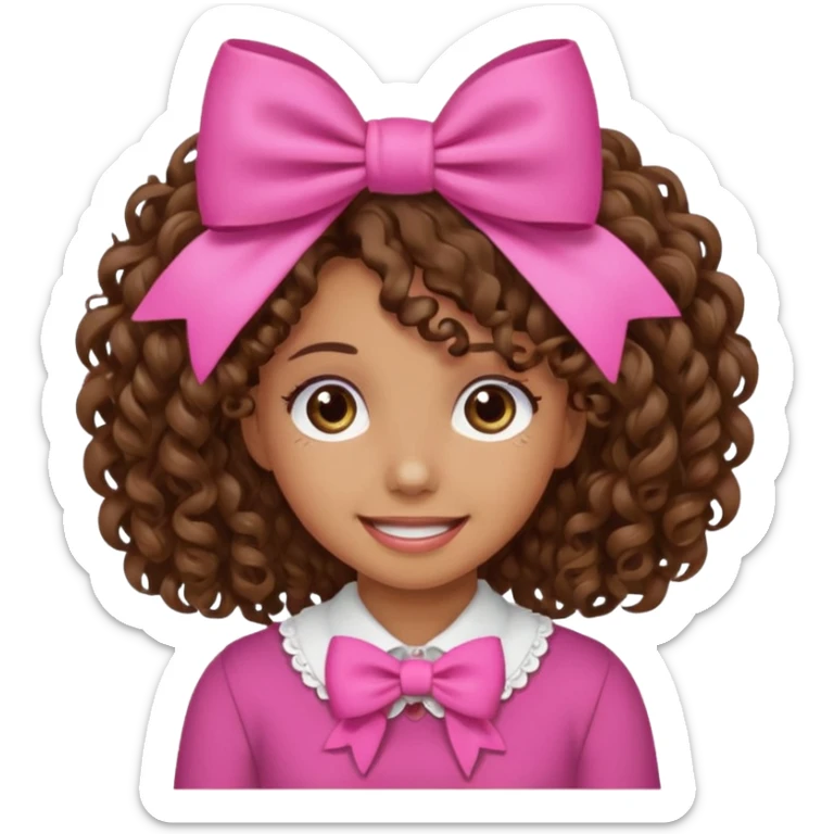 Curly hair brown hair tan skin girl, Pleading Face emoji, using pink bow sticker