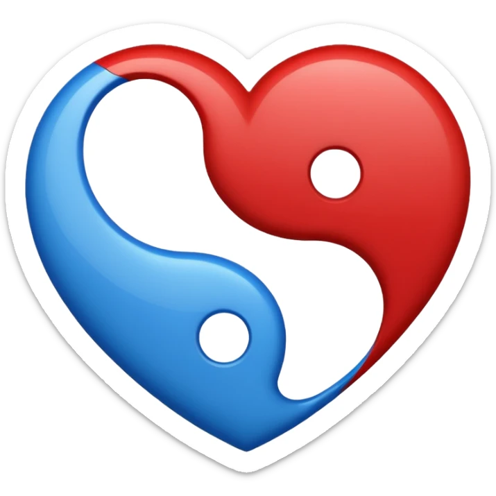 Make a yin yang like heart emoji with the colors being blue and red and no white parts, with two holes and not three sticker