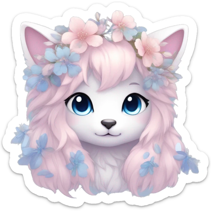 Anthro Cute Cool Blushing Pastel Innocent Shy Kawaii gorgeous sparkly ethereal fantasy anime animal creature with blue eyes furry sona with flowers and ribbons beautiful aesthetic sticker