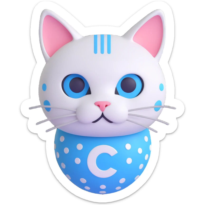 calm and intelligent cat inspired by the Cardano logo, blue and white colors, with circular dot patterns sticker