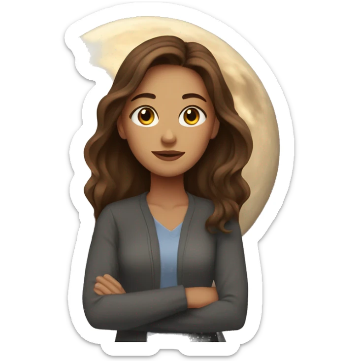 Brown-haired woman with brown eyes on the background of the moon sticker
