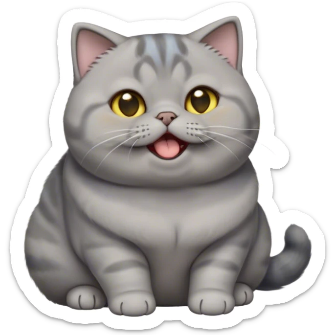 Cinematic Cute Chubby Grey Munchkin Scottish Fold Cat Portrait Emoji, Adorable folded ears and tiny, stubby legs making it irresistibly cute, round and plump body, head tilted playfully and yawning, sleek soft grey fur with subtle blue undertones, big, sparkling yellow eyes, Simplified yet adorable features, highly detailed, glowing with a warm, friendly glow, high shine, curious yet calm, stylized with a touch of whimsy, bright and endearing, soft glowing outline, capturing the essence of a mischievous yet loving and lazy kitty with its signature folded ears and tiny legs, so cute it feels like it could stretch out of the screen and cuddle! sticker
