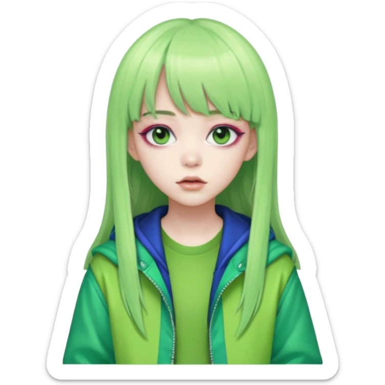  portrait-of-a-green alien-k-pop-idol,-wearing-a-stylish-streetwear-outfit-with-layered-colorful-clothing,-long-hair-with-bangs,-makeup,- sticker