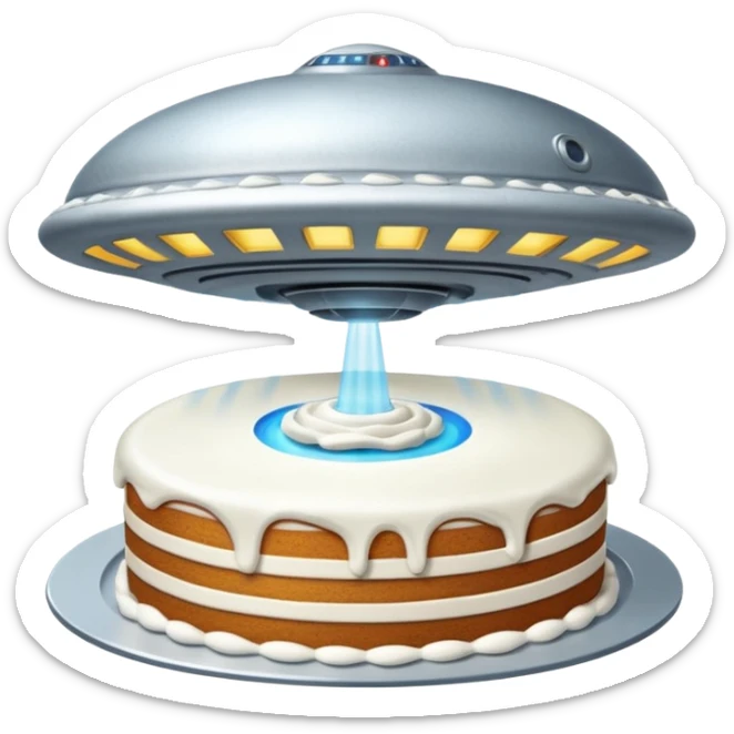 small piece of cake in a green light being stolen by flying above it giant ufo  sticker