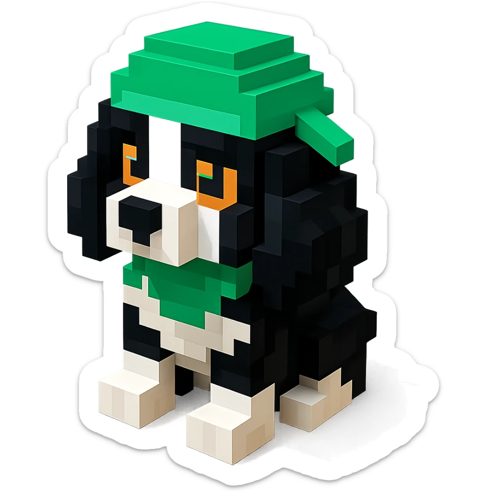 A black and white Russian Cocker Spaniel puppy wearing a green durag, voxel style, sitting sticker