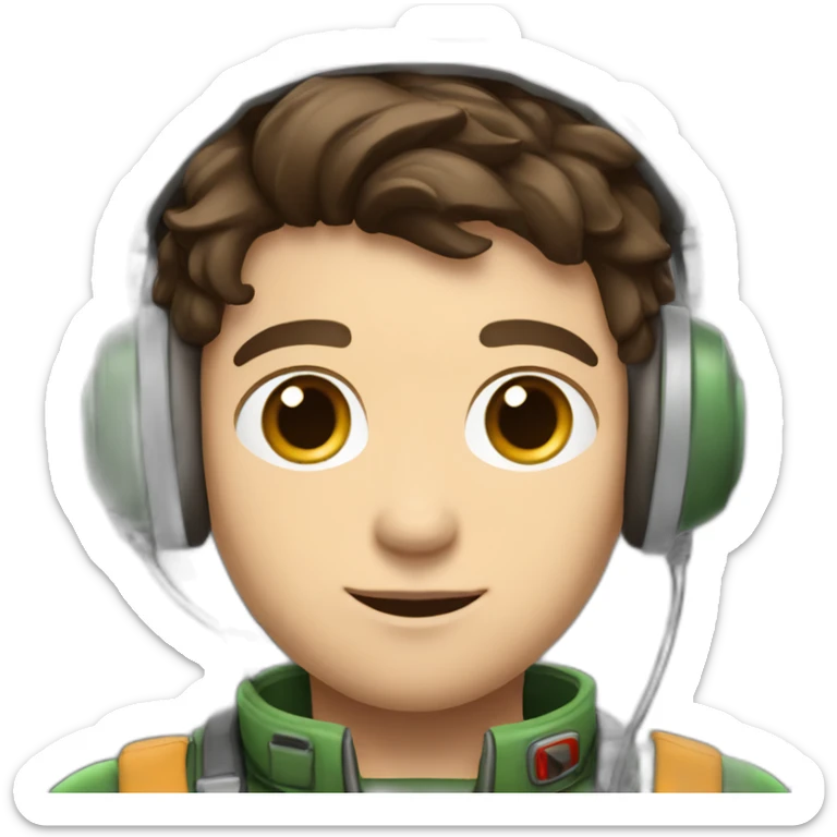 A young white male tennager with dark brown hair and brown eyes in a pilot suit and wearing a green Pilot headset sticker
