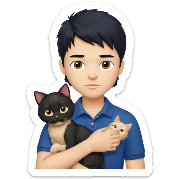 generate a pretty fair bratz boy with a messy mullet (black hair), wearing a dark blue polo.  holding a beige cat sticker