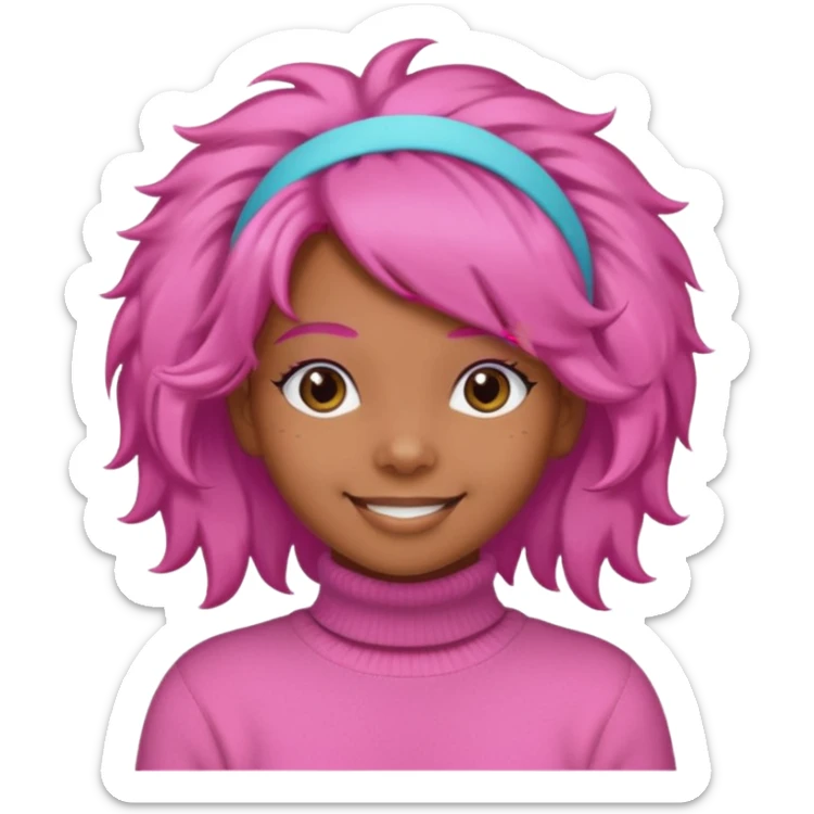 brown fluffy haired girl with pink turtleneck sweater and pink hair band sticker
