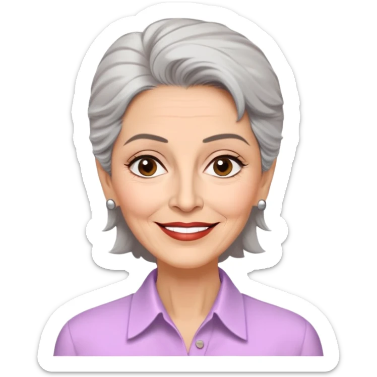 Older Puerto Rican actress Marian Pabón with elongated face, light pinkish skin, almond-shaped expressive eyes, straight nose, well-defined lips with wide smile, arched eyebrows, pronounced cheekbones, short spiky gray hair like a man's cut, more wrinkles, wearing a white buttoned shirt sticker