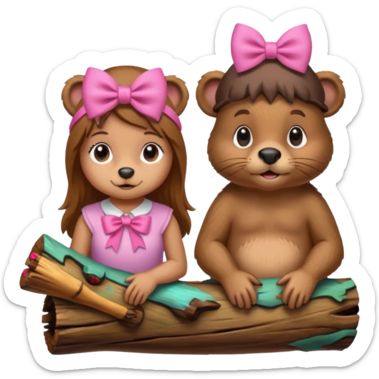 a girl beaver and a boy beaver on a log. give the girl beaver eyelashes and a bow on top of her head sticker