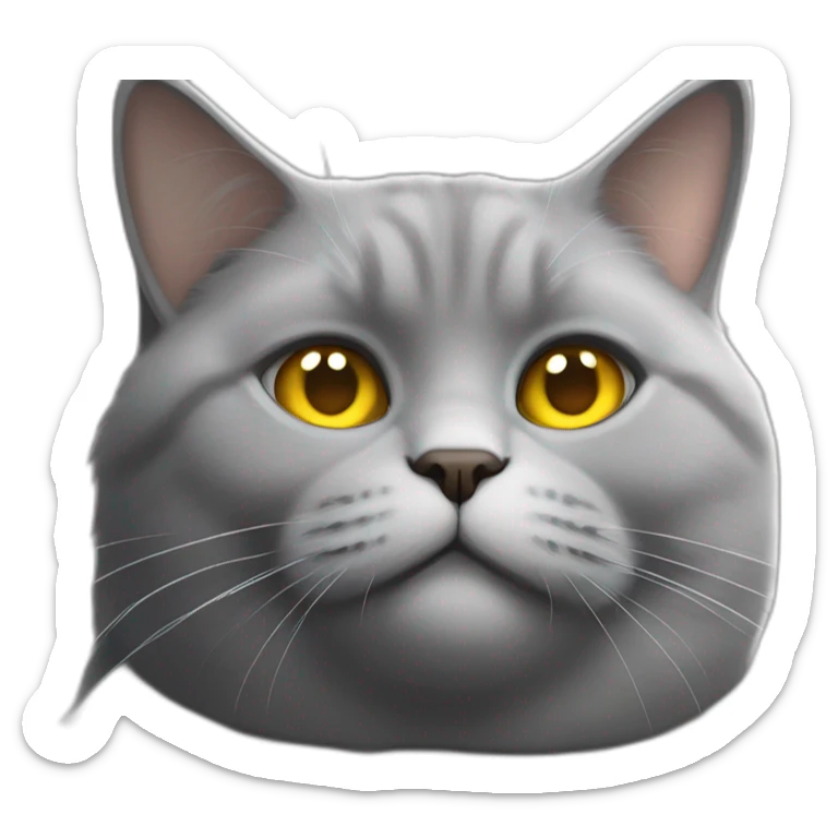 Fat Russian grey cat with golden eyes and a white spot of hair sitting like a person sticker