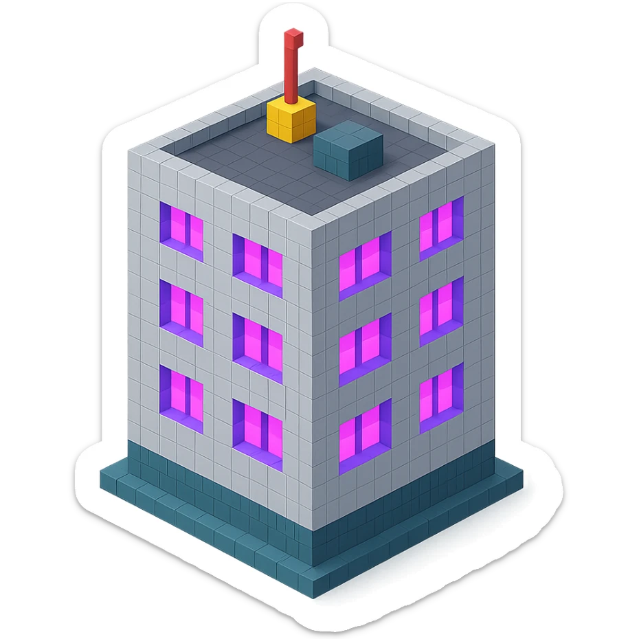 Russian panel apartment building, square block shape, light gray concrete, windows glowing with ultraviolet color, isometric view sticker