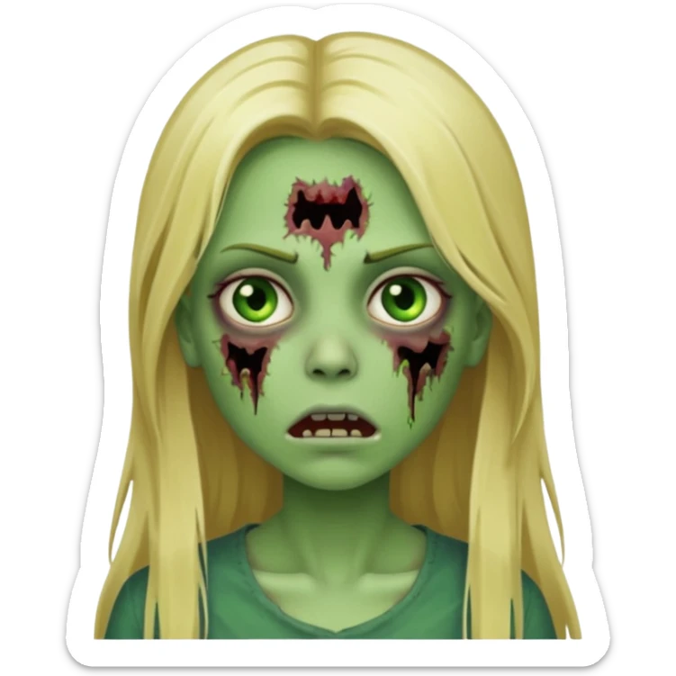 girl zombie with blonde straight long hair green skin and with no angry face and with the mouth closed sticker