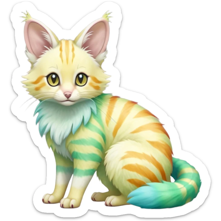  cute adorable yellow-green-turquoise-gradients albino fur with random colorful iridescent rainbow markings beautiful elegant pretty precious cute  Fakémon-Pokémon-opossum-feline-serval-caracal-chinchilla-Minccino-hybrid-creature with a big fluffy bushy striped tail (full body) sticker