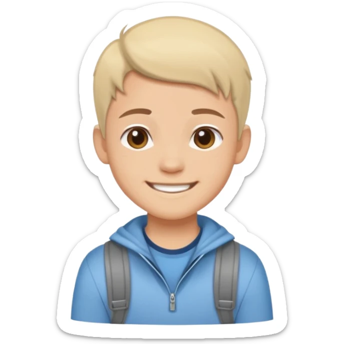 Cartoon avatar sticker of a young person, friendly smile, modern outfit, clean vector illustration, thick outline, flat colors, simple background, sticker style, high quality, transparent background sticker